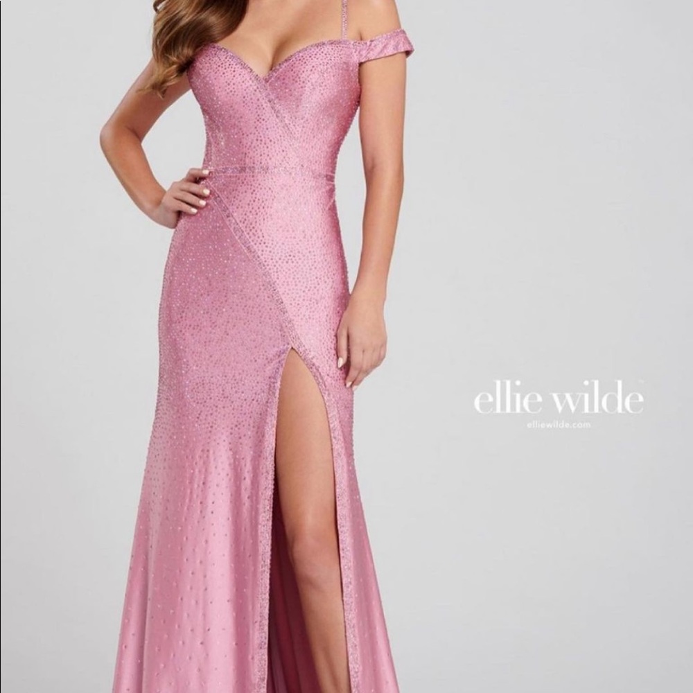 Ellie Wilde EW120022 Lace-Up Back Beaded Dress in the color Blush